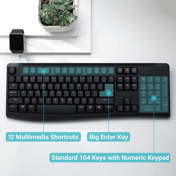 Rapoo X1800PRO 104 Keys Water-resistant Multimedia Wireless Keyboard Mouse Set(Black)