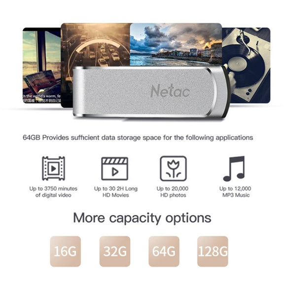 Netac U388 High Speed USB3.0 Metal Rotating Car Computer U Disk, Capacity: 64GB