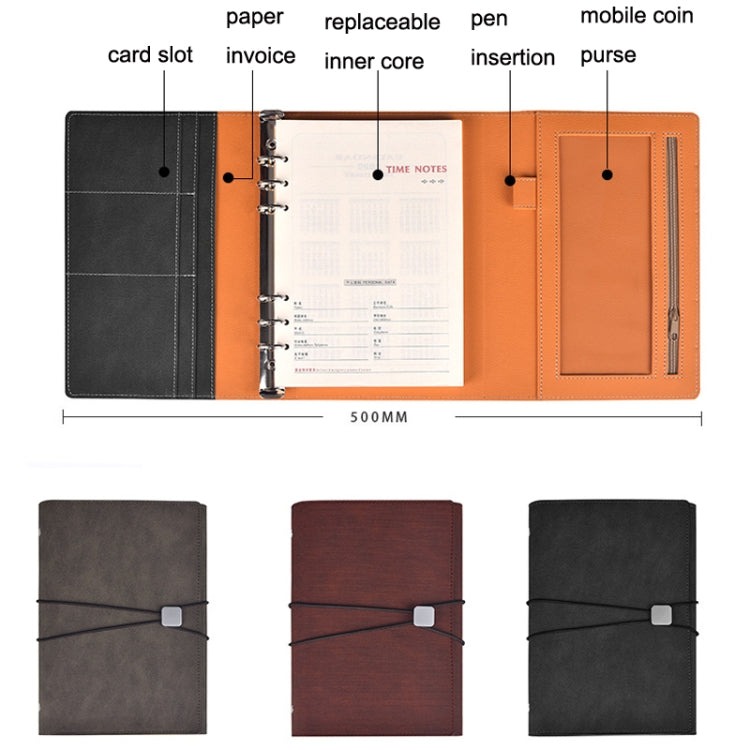 A5 Business Loose-leaf Notebook Office Stationery Leather PU Notepad(Red Brown)