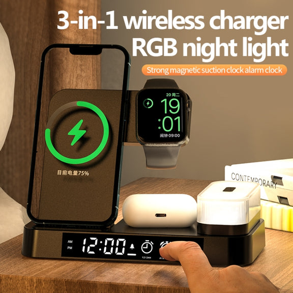 A37 30W 3-in-1 Wireless Charging Phone Stand with RGB Night Light & Alarm Clock & Watch Charger For Apple Function(Black)