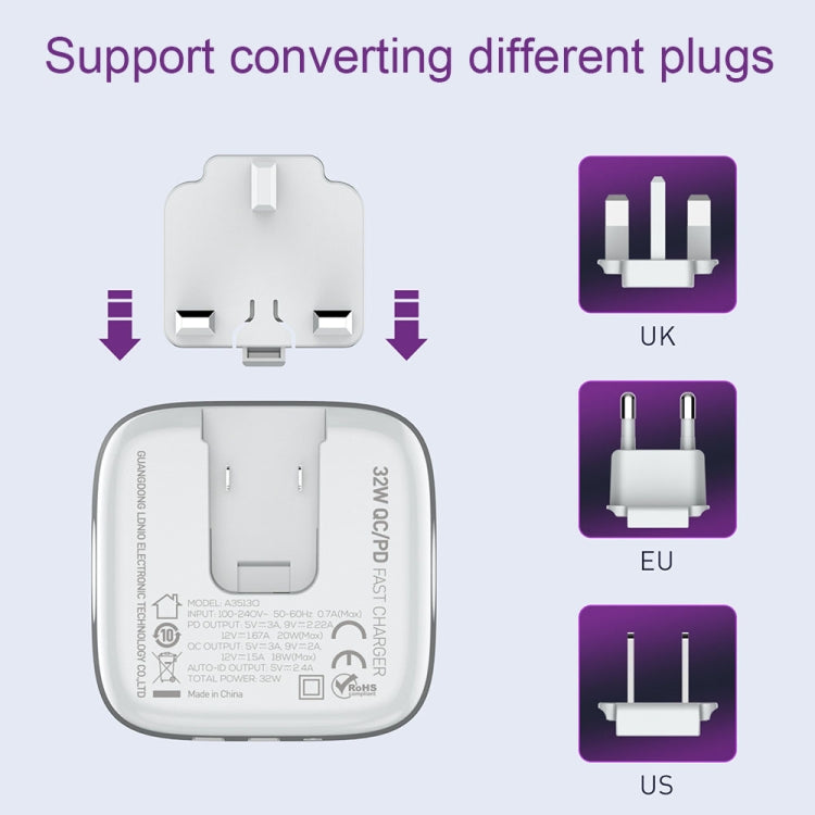 LDNIO A3513Q 32W QC3.0 3 USB Ports Phone Adapter EU Plug with 8 Pin Cable