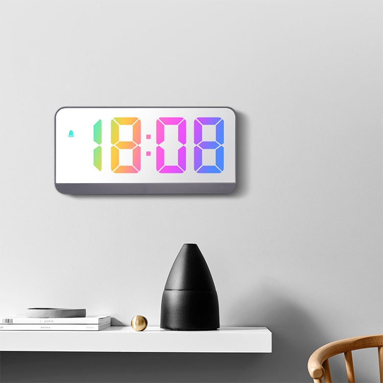 Colorful Fonts LED Electronic Alarm Clock Large Screen Clock(0725 White Shell Mirror Surface C)