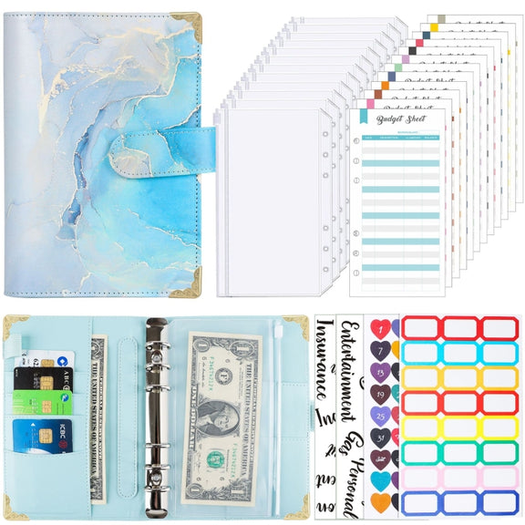 A6 Leather Loose-leaf Budget Book Handbook Notepad(Water Blue)