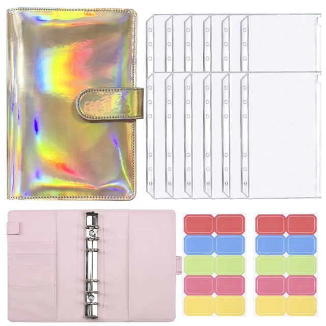 A6 Dazzling Color Loose-leaf Handbook Laser Macaroon PU Cash Budget Book(Rose Gold)