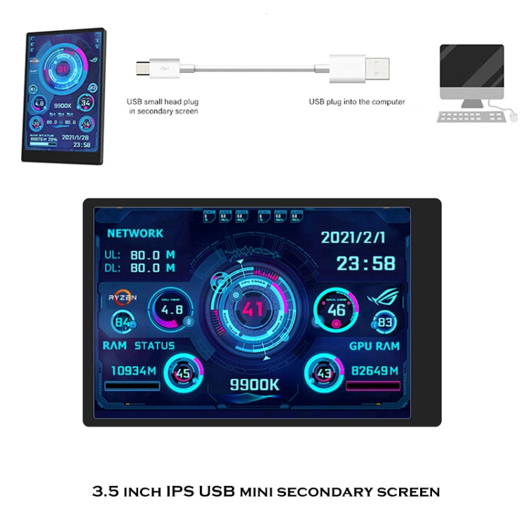 3.5 Inch IPS View All Computer Monitor USB Chassis Vice Screen Set 1 (Black)
