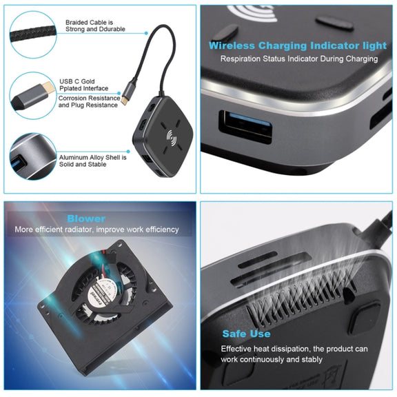 AY95 9 In 1 TYPE-C/USB-C HUB Extended Dock Wireless Fast Charging Concentrator(Black)