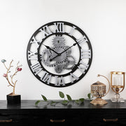 Vintage Wooden Round Gear Silent Wall Clock Rome Number  58cm  6 Gears  Silver