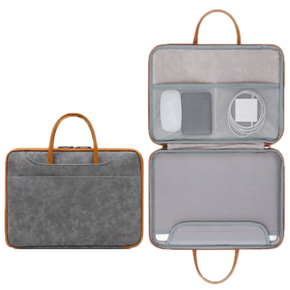 Baona Leather Fully Open Portable Water-resistant Computer Bag, Size: 14 inches(Gray Brown)