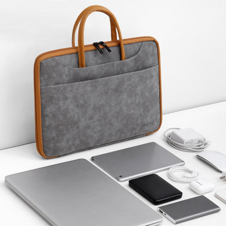 Baona Leather Fully Open Portable Water-resistant Computer Bag, Size: 14 inches(Gray Brown)