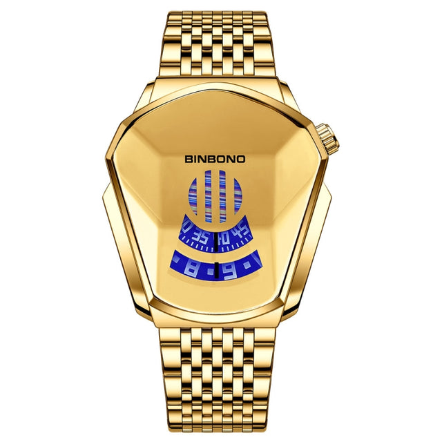BINBOND Locomotive Concept Steel Belt Watch Men Live Black Technology Watch(Full Gold Gold Face)