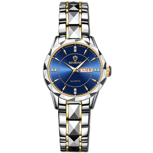 BINBOND B5552 Luminous Multifunctional Business Calendar Quartz Watch(Female-Inter-gold-Blue)