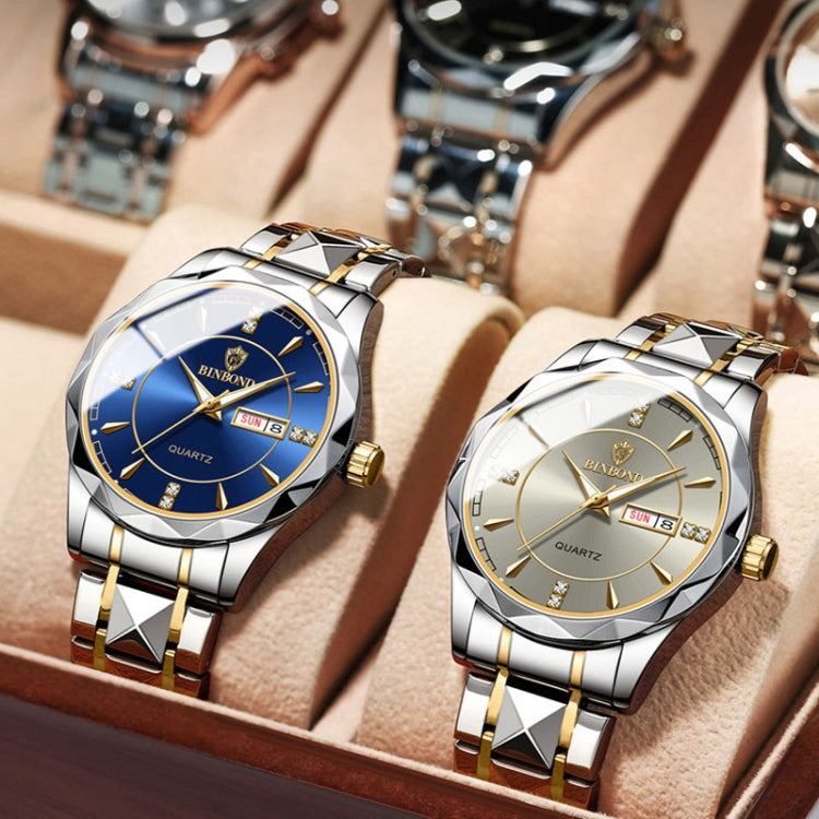 BINBOND B5552 Luminous Multifunctional Business Calendar Quartz Watch(Female-Inter-gold-Blue)