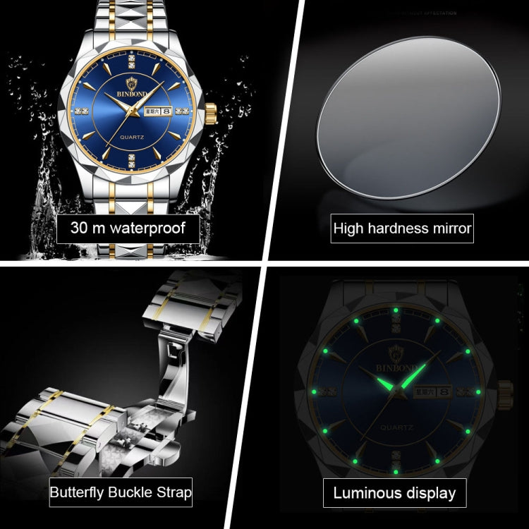 BINBOND B5552 Luminous Multifunctional Business Calendar Quartz Watch(Female-Inter-gold-Blue)
