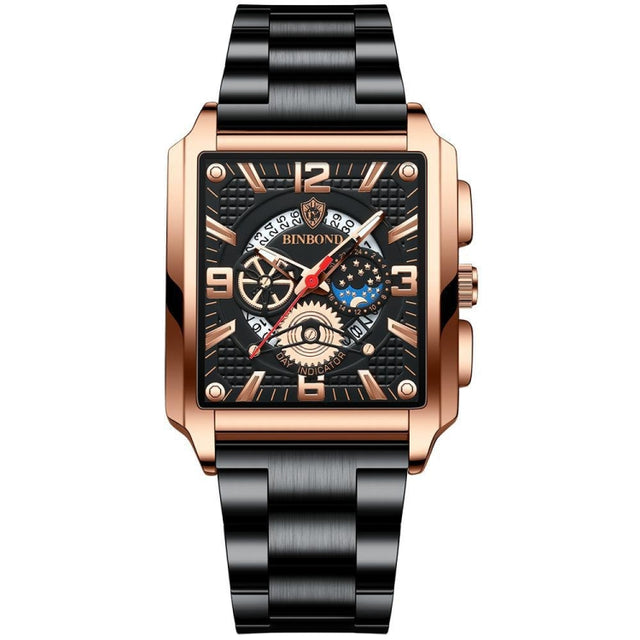BINBOND B6575 Men Vintage Square Multifunctional Luminous Quartz Watch, Color: Black-Rose Gold-Black-Rose
