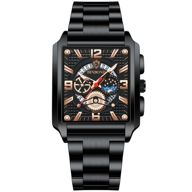 BINBOND B6575 Men Vintage Square Multifunctional Luminous Quartz Watch, Color: Black-Black-Black-Rose
