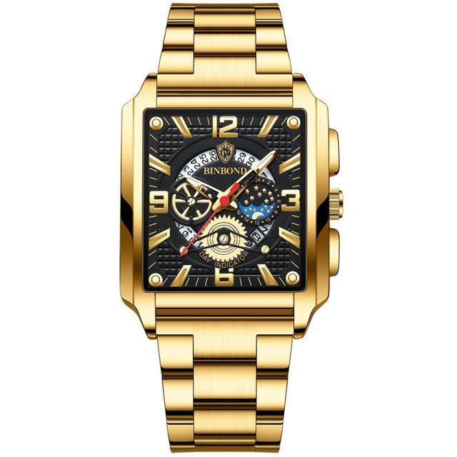 BINBOND B6575 Men Vintage Square Multifunctional Luminous Quartz Watch, Color: Full Gold-Black