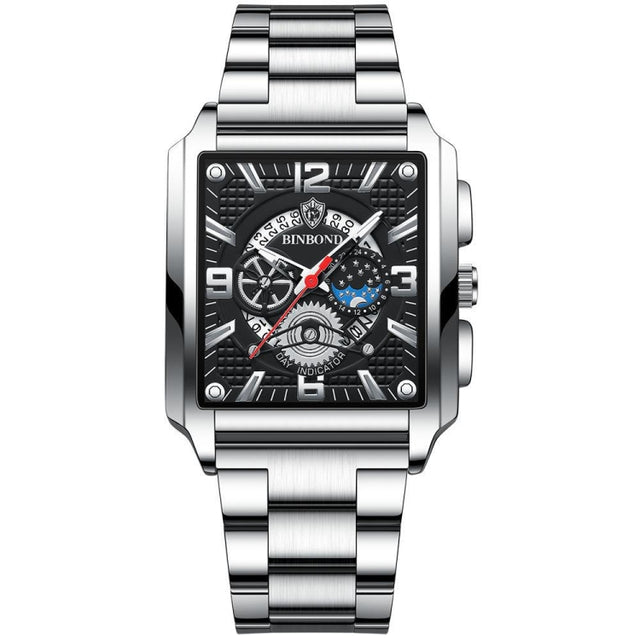 BINBOND B6575 Men Vintage Square Multifunctional Luminous Quartz Watch, Color: White-Black