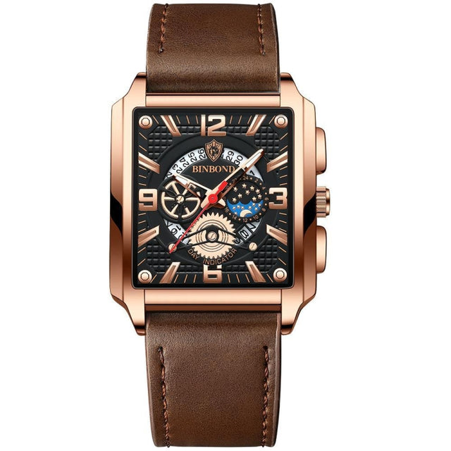 BINBOND B6575 Men Vintage Square Multifunctional Luminous Quartz Watch, Color: Brown Leather-Rose Gold-Black