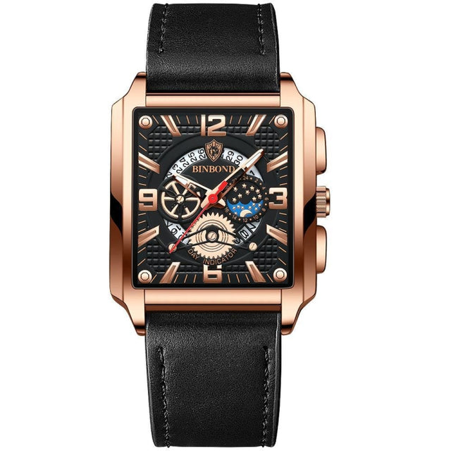 BINBOND B6575 Men Vintage Square Multifunctional Luminous Quartz Watch, Color: Black Leather-Rose Gold-Black