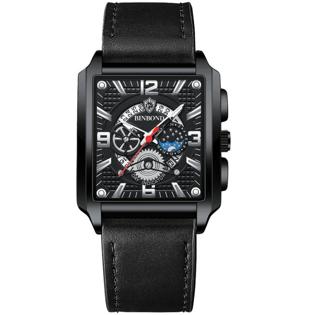 BINBOND B6575 Men Vintage Square Multifunctional Luminous Quartz Watch, Color: Black Leather-Black-Black