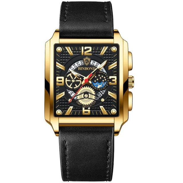 BINBOND B6575 Men Vintage Square Multifunctional Luminous Quartz Watch, Color: Black Leather-Full Black-Black