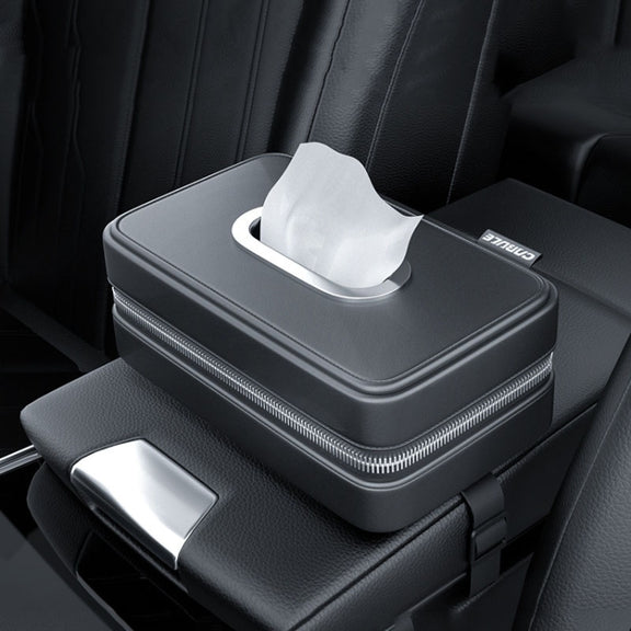 Car Sunshade Board Seat Back Tissue Box Multi-functional Elastic Belt Leather Paper Box(Black)