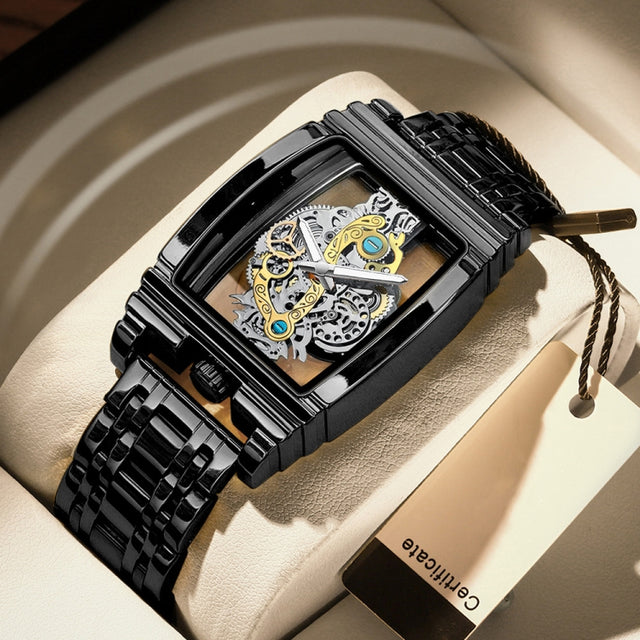 BINBOND B5011 Gear Hollow Outdoor Water-resistant Luminous Men Business Watches(Black Steel Steel Strap)