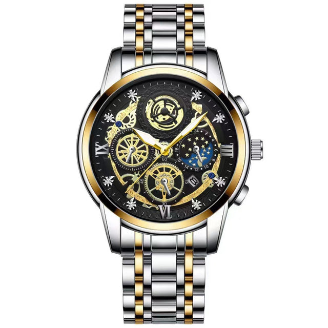 BINBOND 4010 Multifunctional Water-resistant Hollowed Luminous Quartz Watch(Inter-gold Black Surface)