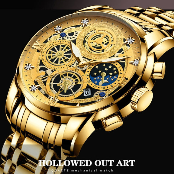 BINBOND 4010 Multifunctional Water-resistant Hollowed Luminous Quartz Watch(Inter-gold Black Surface)