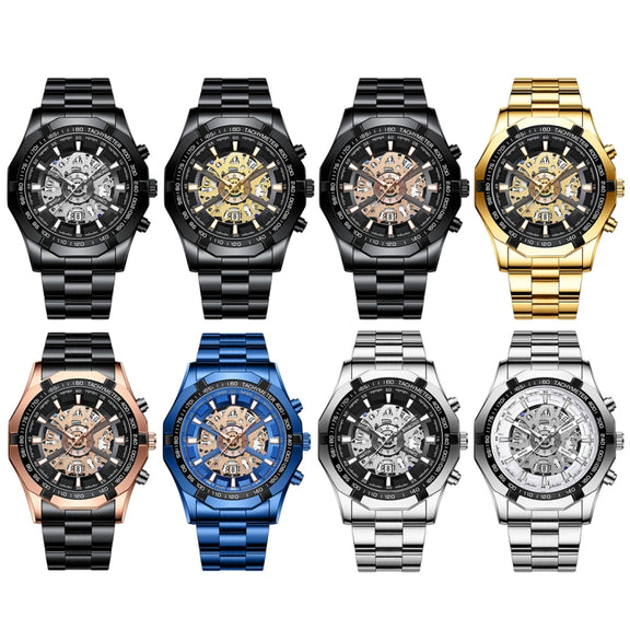 BINBOND S033 Hollowed Mechanical 30m Water-resistant Luminous Quartz Watch, Color: Blue Steel-Blue