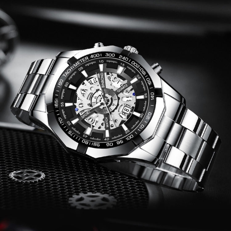 BINBOND S033 Hollowed Mechanical 30m Water-resistant Luminous Quartz Watch, Color: Blue Steel-Blue