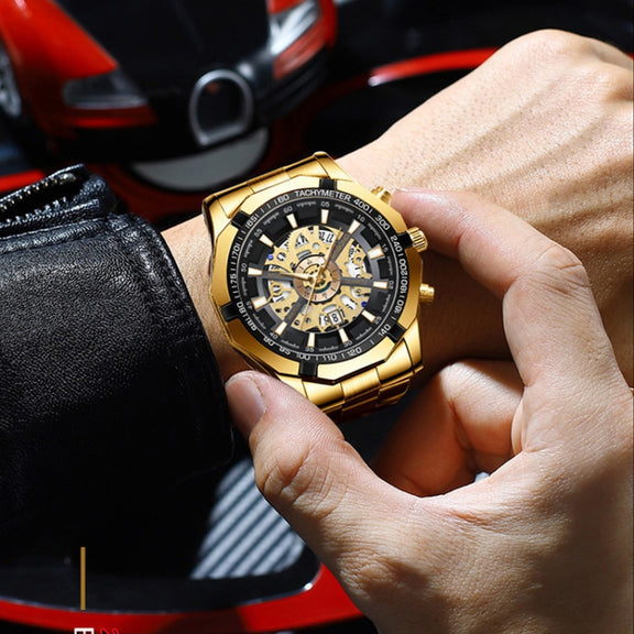 BINBOND S033 Hollowed Mechanical 30m Water-resistant Luminous Quartz Watch, Color: Blue Steel-Blue