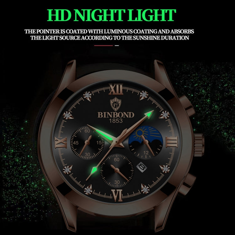BINBOND B3591 30m Water-resistant Luminous Calendar Men Watch, Color: Brown Leather-White-White