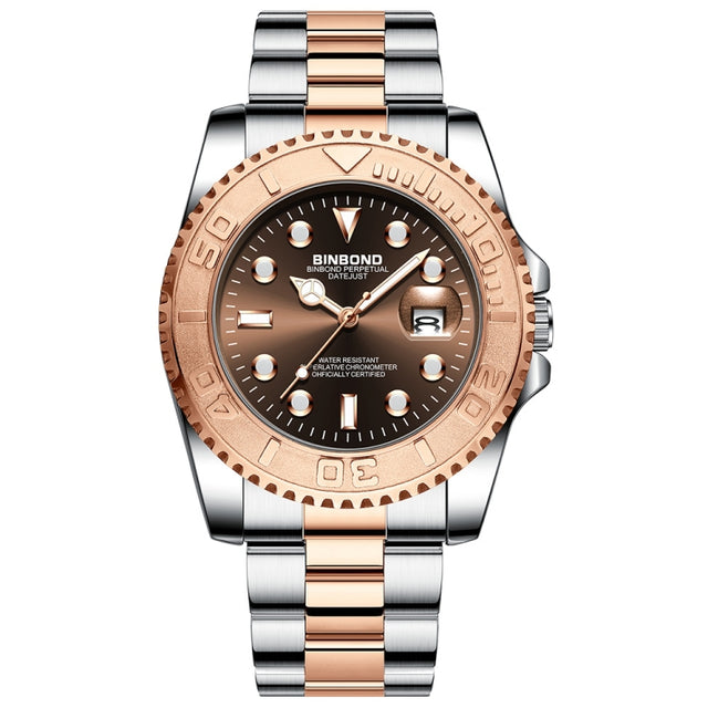 BINBOND B930 Metal Gear Luminous Quartz Watch 30M Water-resistant Sports Watch, Color: Rose Gold-Rose Gold