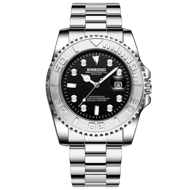 BINBOND B930 Metal Gear Luminous Quartz Watch 30M Water-resistant Sports Watch, Color: White Steel-Black