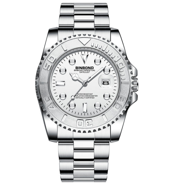 BINBOND B930 Metal Gear Luminous Quartz Watch 30M Water-resistant Sports Watch, Color: White Steel-White