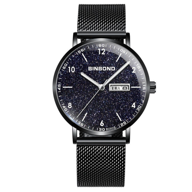 BINBOND B3820 30M Water-resistant Ultra-thin Quartz Luminous Starry Watch, Color: Black Net-Black-Starry