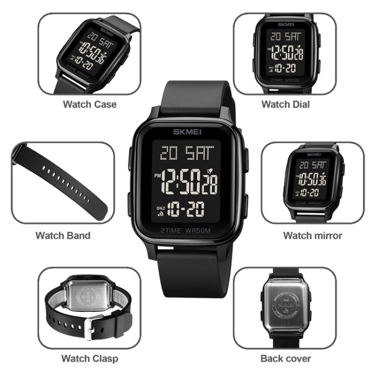 SKMEI 1858 Square Water-resistant Digital Dual Display LED Luminous Watch(Black)
