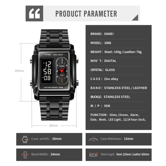 SKMEI 1868 Square Double Display Water-resistant Men Watch, Style: Steel Belt (Rose Gold)