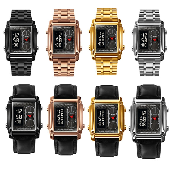 SKMEI 1868 Square Double Display Water-resistant Men Watch, Style: Leather Belt (Silver)