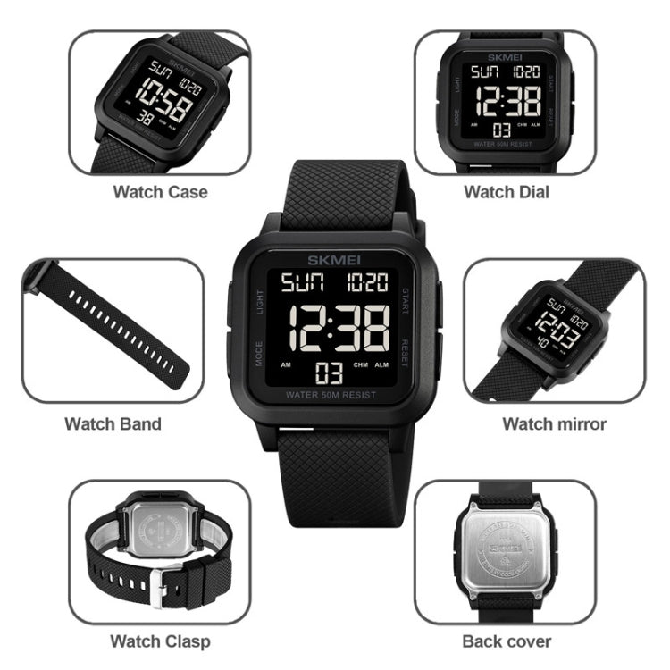 SKMEI 1894 Square Sports Water-resistant Student Simple Multifunctional Luminous Watch(Black White Machine)