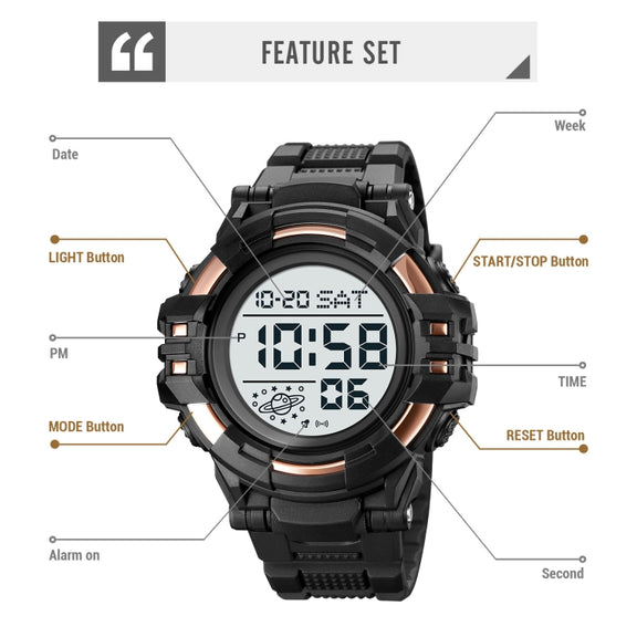 SKMEI 2003 Multifunctional Back Light Sports Watch Mens Countdown Date Alarm Clock Watch(Rose Gold Black Machine)