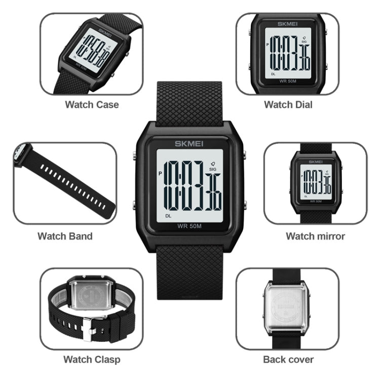 SKMEI 1866 Square Large Screen Men Steel Belt Multi-function Night Light Alarm Clock Watch(Gold White Machine)
