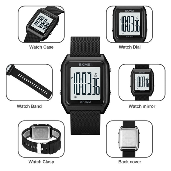 SKMEI 1866 Square Large Screen Men Steel Belt Multi-function Night Light Alarm Clock Watch(Gold White Machine)