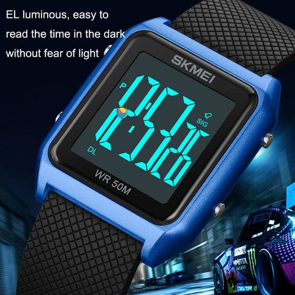SKMEI 1866 Square Large Screen Men Steel Belt Multi-function Night Light Alarm Clock Watch(Black White Machine)