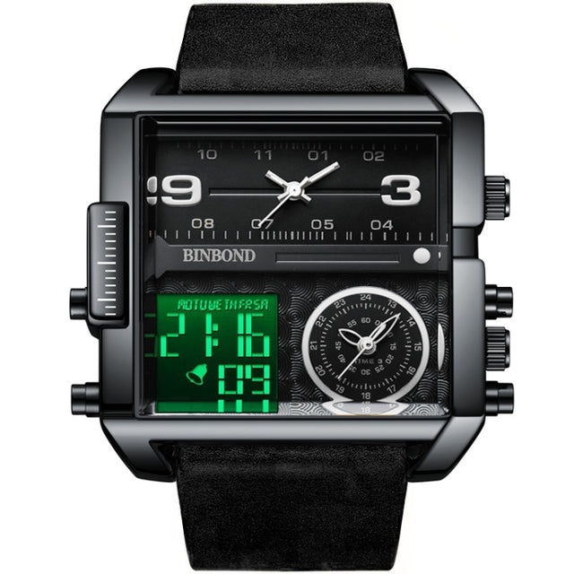 BINBOND B3332 Square Multifunctional Sports Quartz Water-resistant Watch(Black Leather-Black-Black-White)