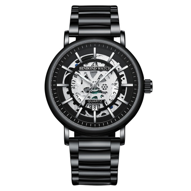 BINBOND B7872 Multifunctional Hollow Luminous Water-resistant Quartz Watch, Color: Black Steel-Black-White