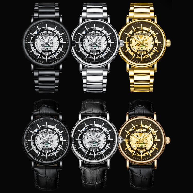 BINBOND B7872 Multifunctional Hollow Luminous Water-resistant Quartz Watch, Color: Black Steel-Black-White