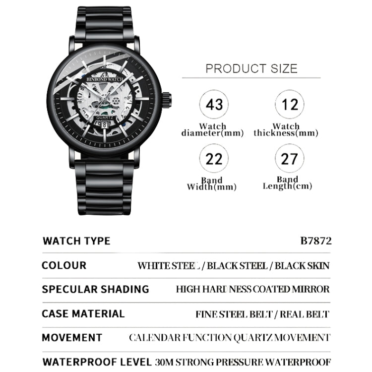BINBOND B7872 Multifunctional Hollow Luminous Water-resistant Quartz Watch, Color: Black Steel-Black-White