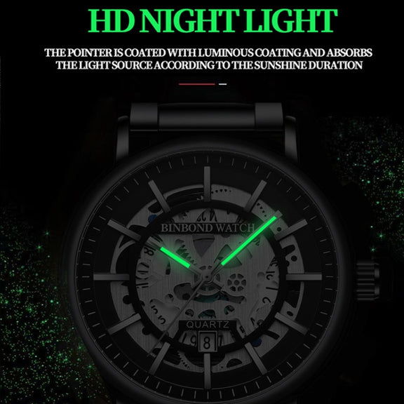 BINBOND B7872 Multifunctional Hollow Luminous Water-resistant Quartz Watch, Color: Black Steel-Black-White